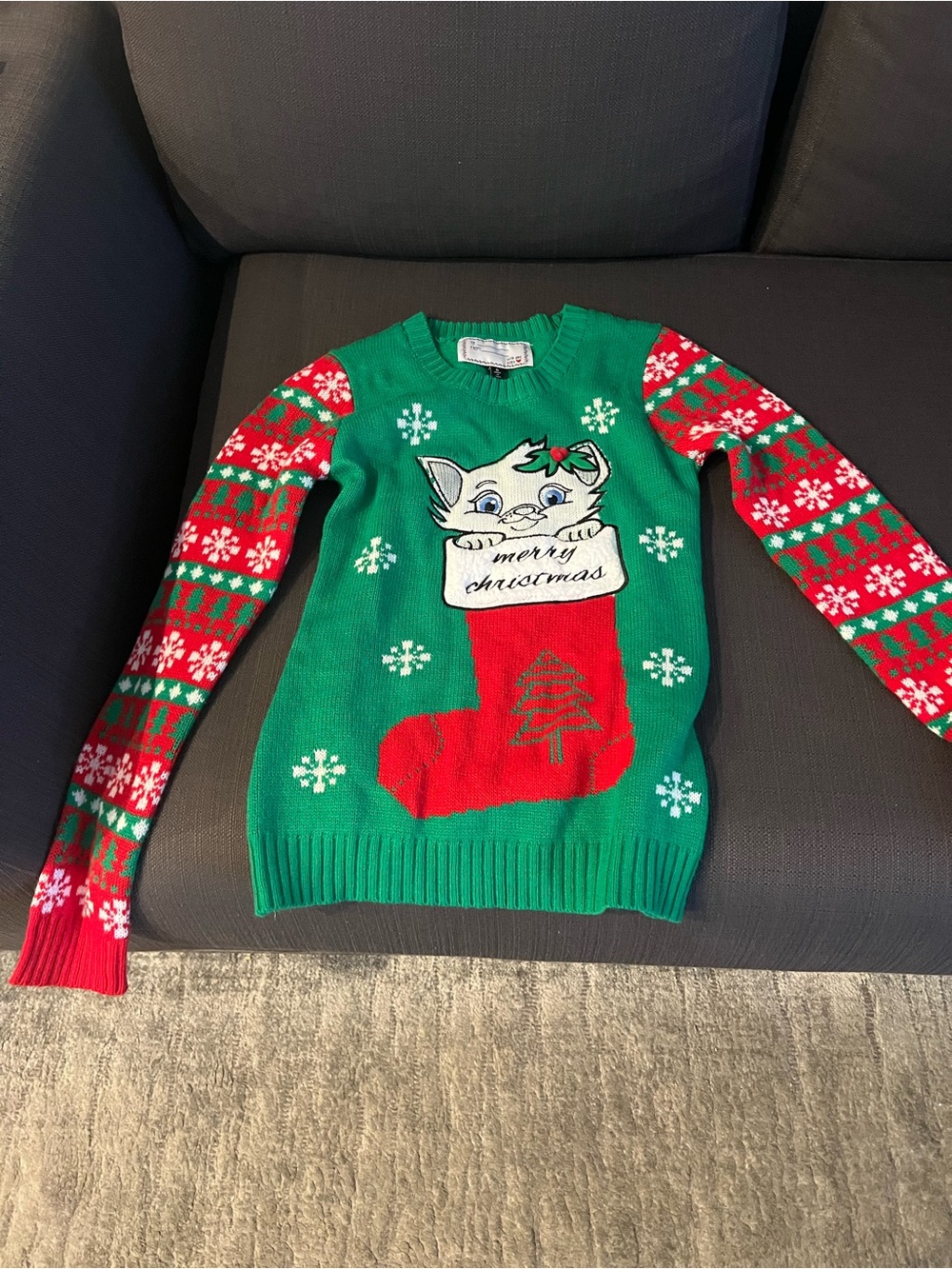 Green and Red Christmas Cat Stocking Sweater - Merry Christmas